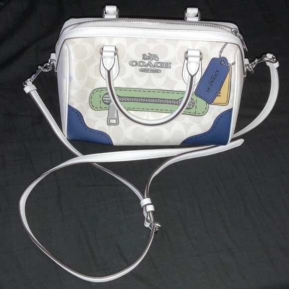 Coach Handbags - COACH White and Navy Satchel with Green Accent